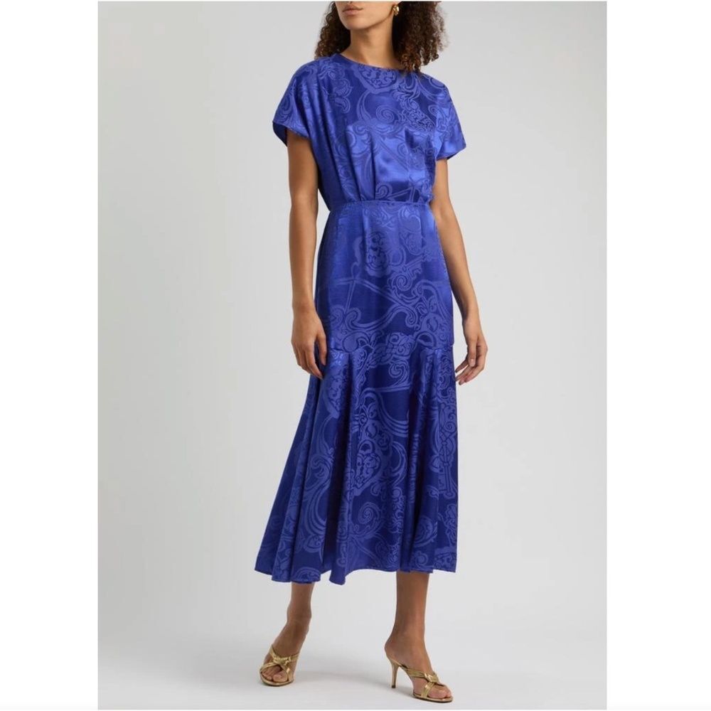 Never Fully Dressed Erin Satin-jacquard Midi Dress In Blue